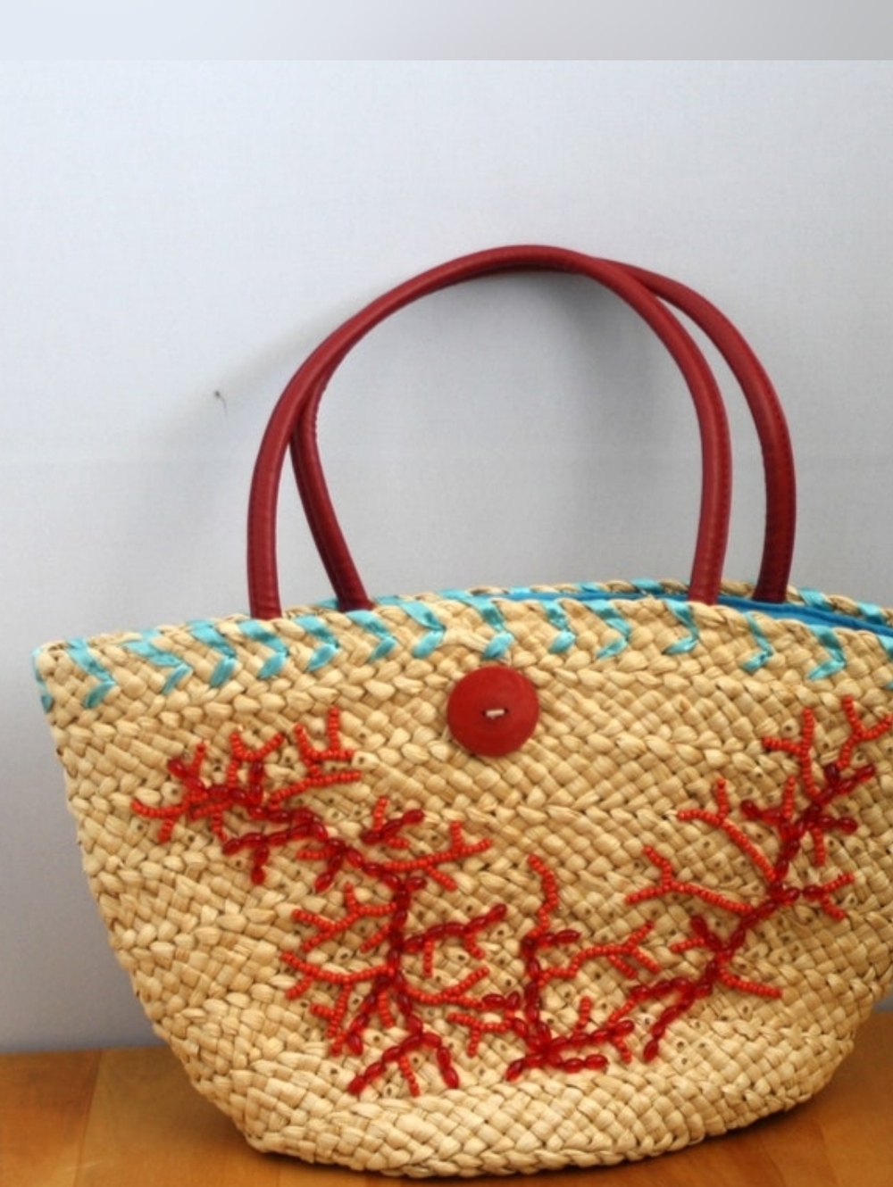 Vintage Woven tote Beach Bag PicNic basket Purse hand beaded BoHo Summer
